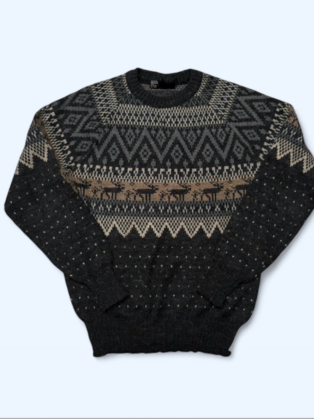 Men's Crewneck Fair Isle Sweater in Charcoal and Tan